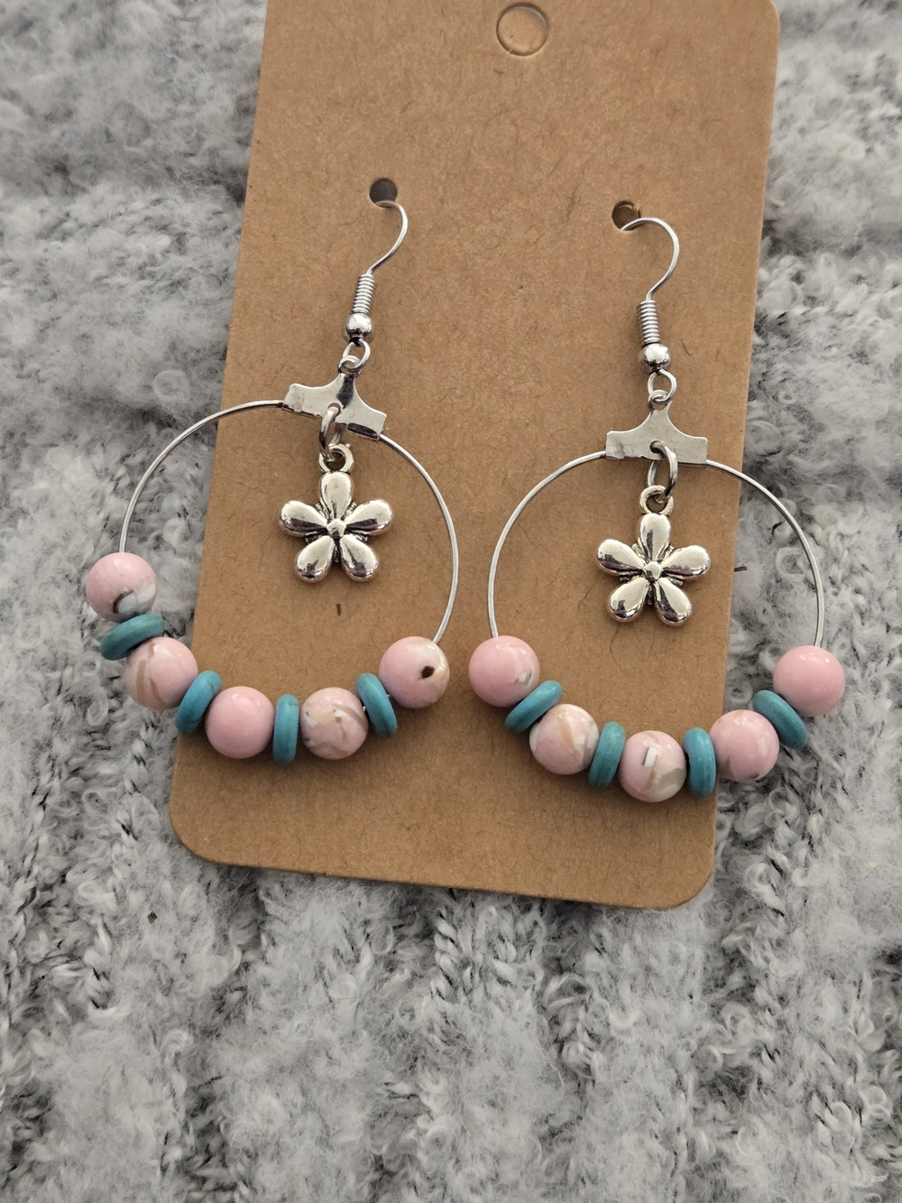 Pink & Turquoise Beaded Flower Hoop Earrings